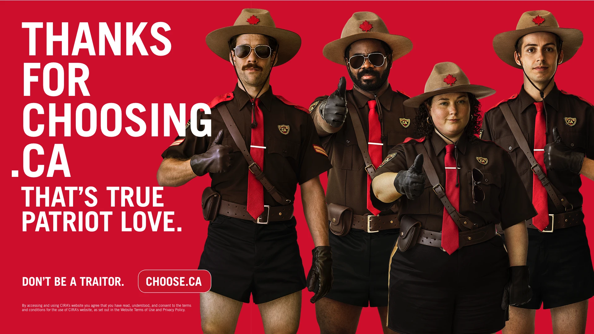 The ’Eh Team gives a thumbs-up beside “Thanks for choosing .CA. That’s true patriot love.”