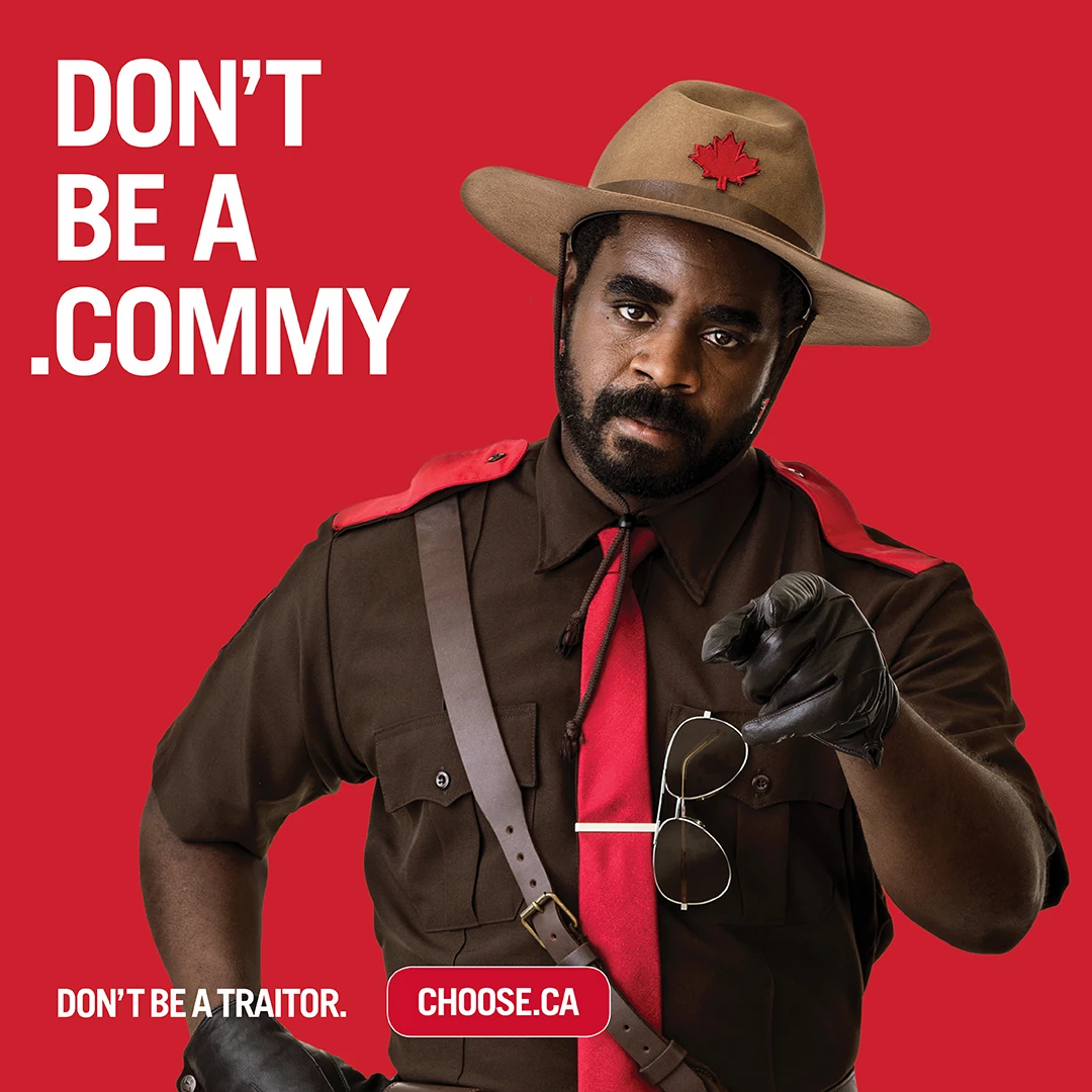 A member of CIRA’s ’Eh Team points at the viewer beside “Don’t be a .COMMY” and “Choose .CA” campaign messaging.