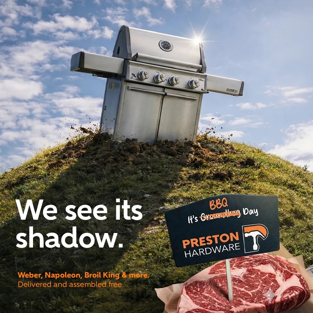 Preston Hardware “We see its shadow” BBQ campaign: a grill on a grassy hill