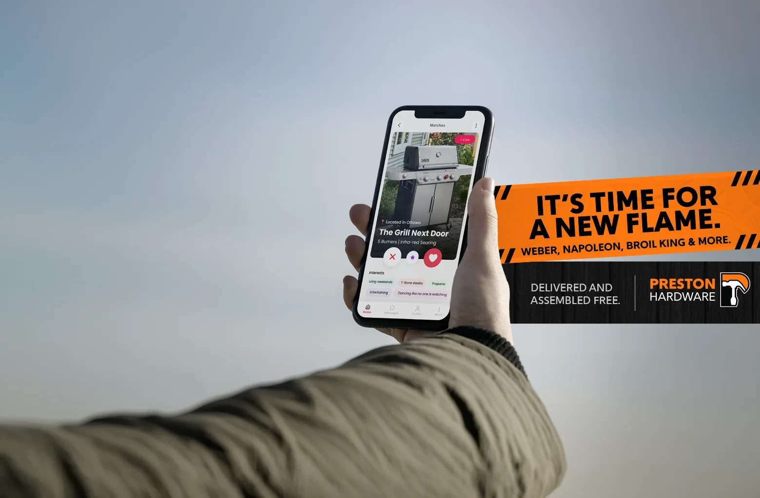 Preston Hardware “It’s time for a new flame” campaign on a phone beside a partner ad